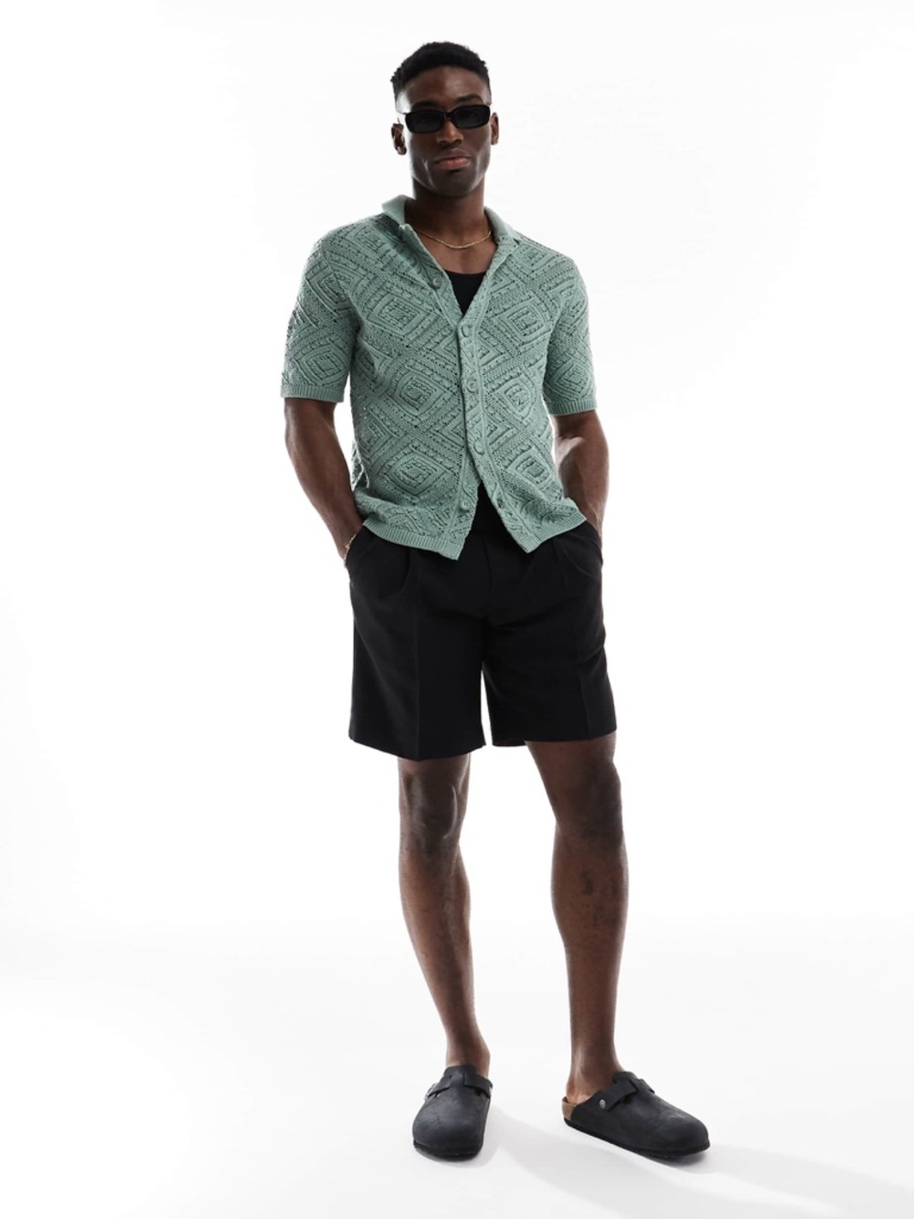 Esc Men’s Crochet Knit Button-Down Short Sleeve Polo Cuban Top Openwork